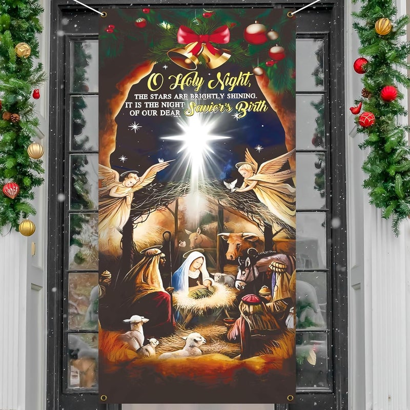Zeptrix Christmas Door Cover Decorations,Jesus Nativity Scene Christmas Fabric Door Decoration Porch Sign Holy Night Outdoor Religious Front Door Banner Winter Holiday New Year Xmas Office Home Party Supplies - Image 1